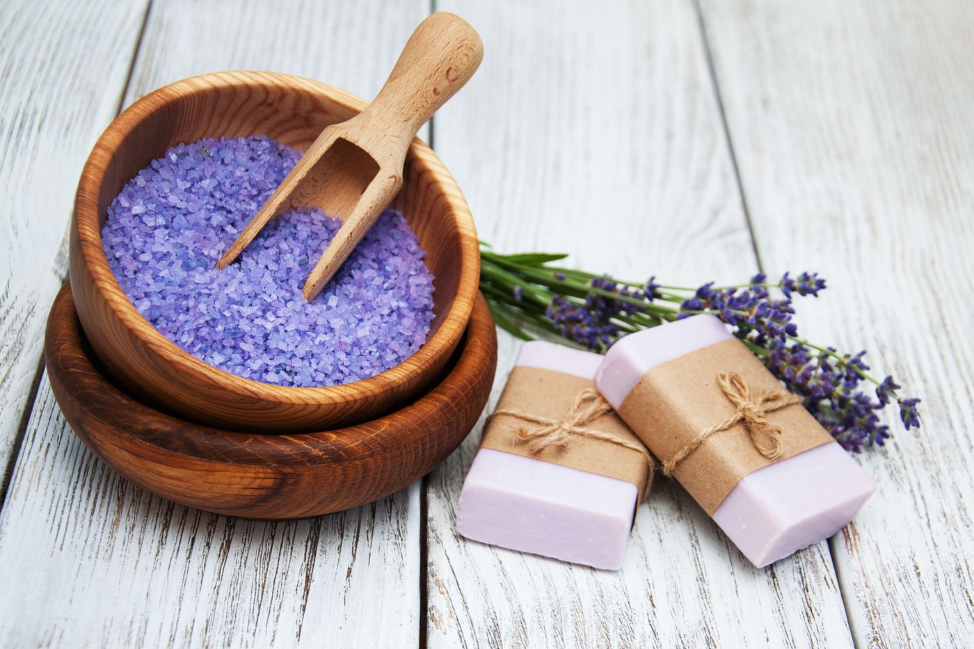 Lavender Himalayan bath salt with soap and lavender sprigs