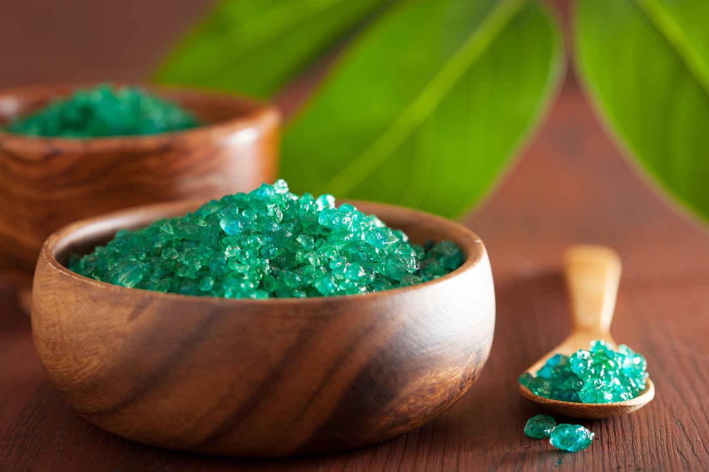 Eucalyptus green Himalayan bath salt in wooden bowls